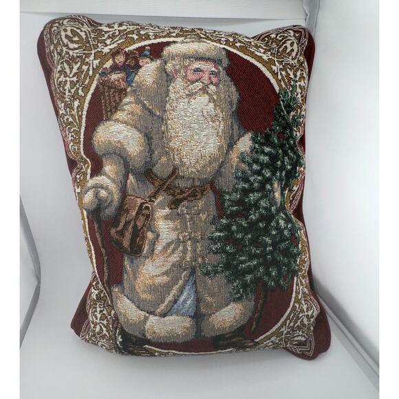Vintage Tapestry Winter Holiday Pillow Old Time Santa‎ Primitive Stars Made USA - Picture 3 of 10
